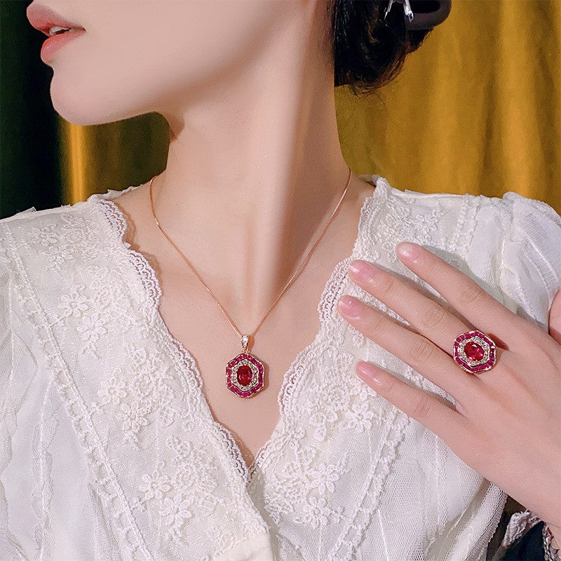 Classy Octagonal Gemstone Necklace & Ring Set