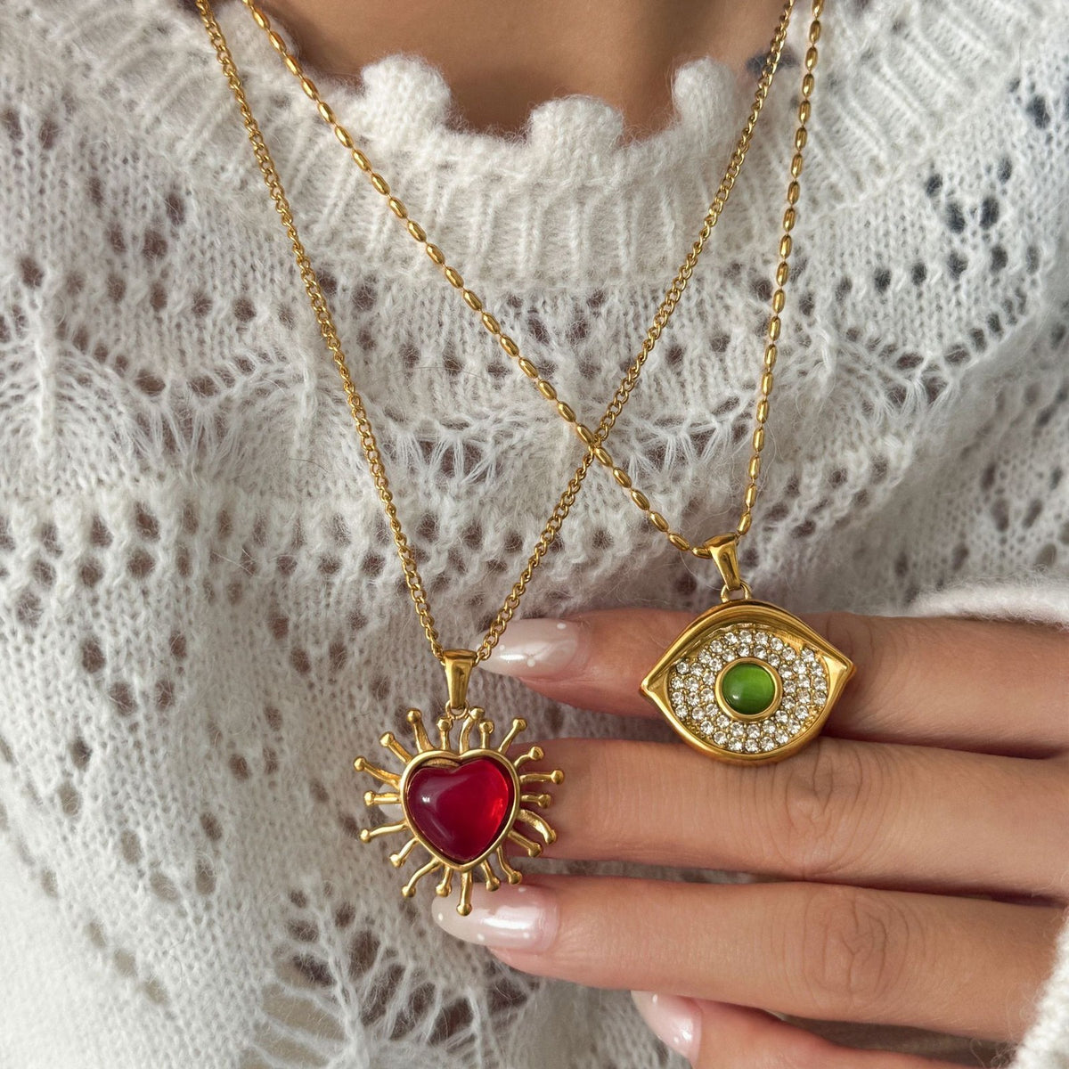 18k Boho Evil Eye & Heart Necklace Set