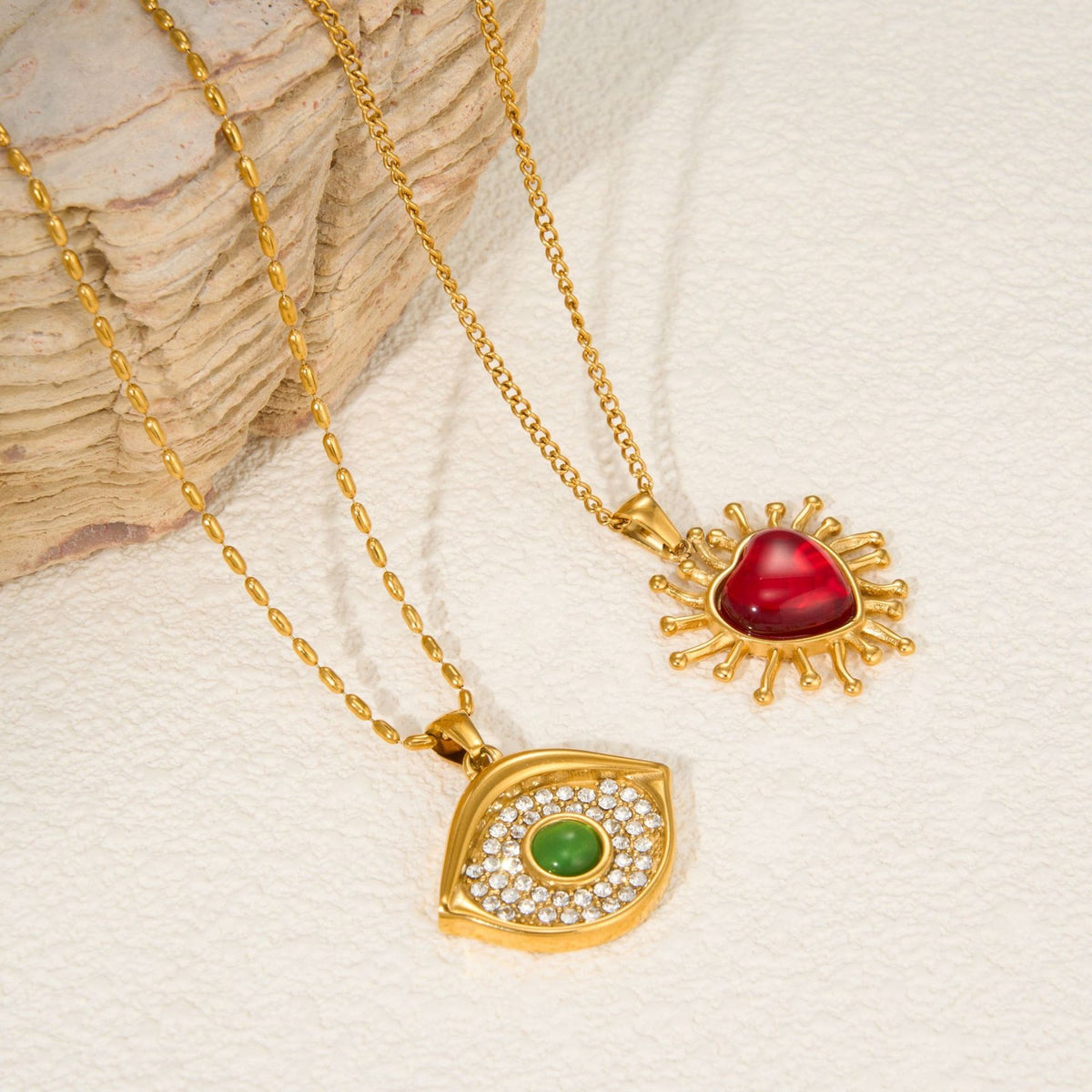 18k Boho Evil Eye & Heart Necklace Set