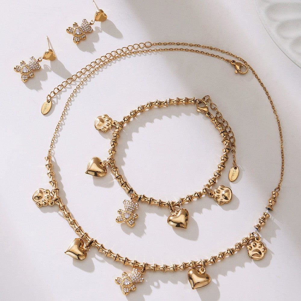 Romantic Teddy Bear & Heart Necklace Bracelet Set