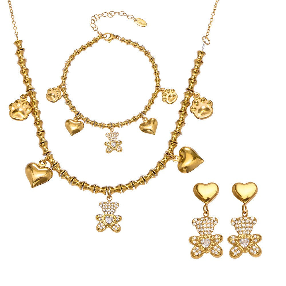 Romantic Teddy Bear & Heart Necklace Bracelet Set
