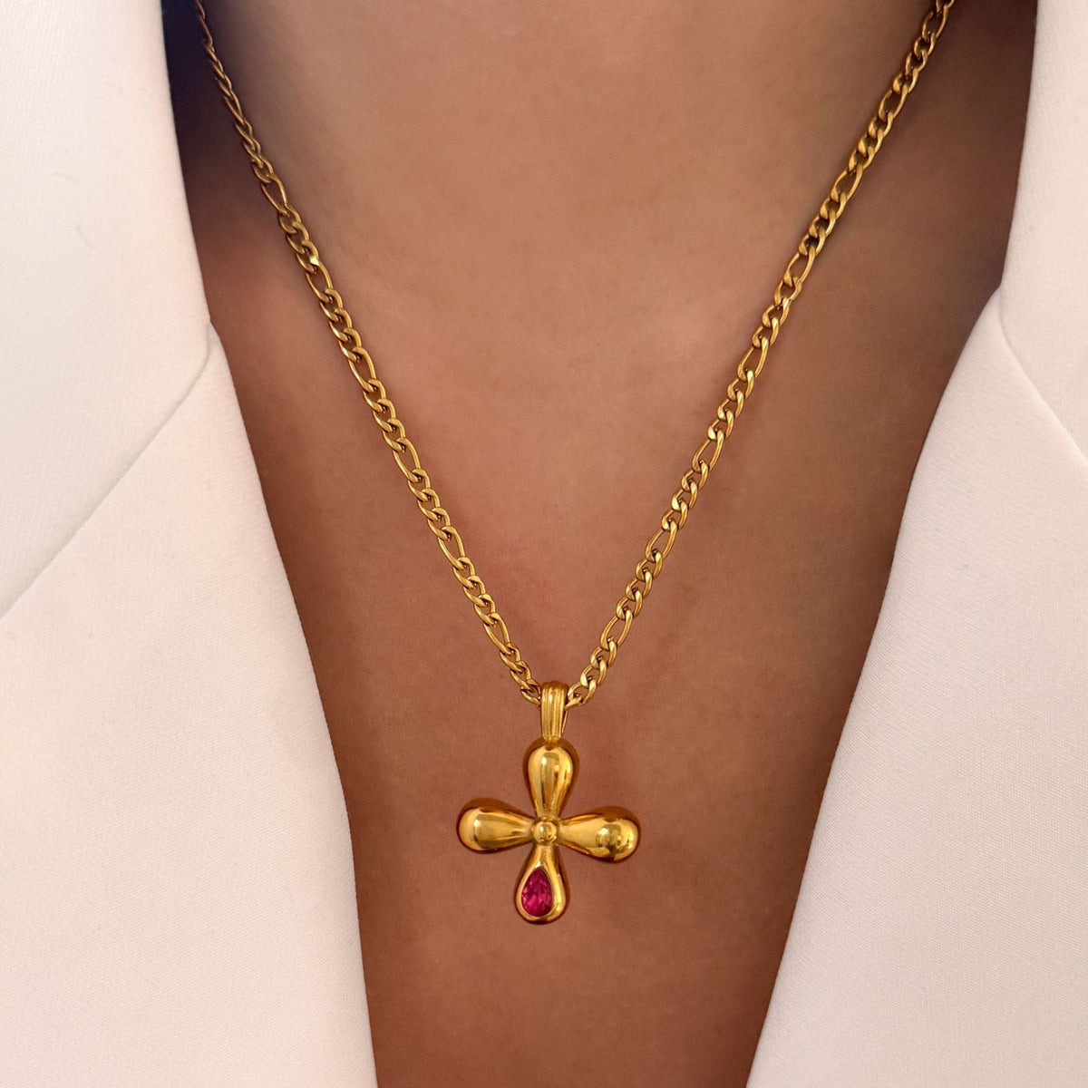 Dainty Ruby Drop Cross Necklace