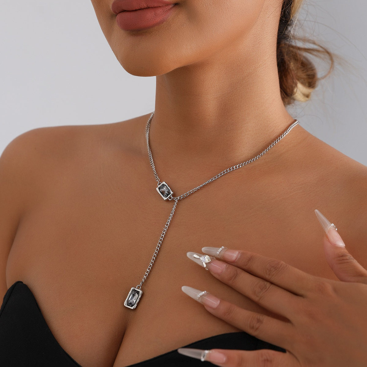 Classy Geometric Square Rhinestone Y-Necklace