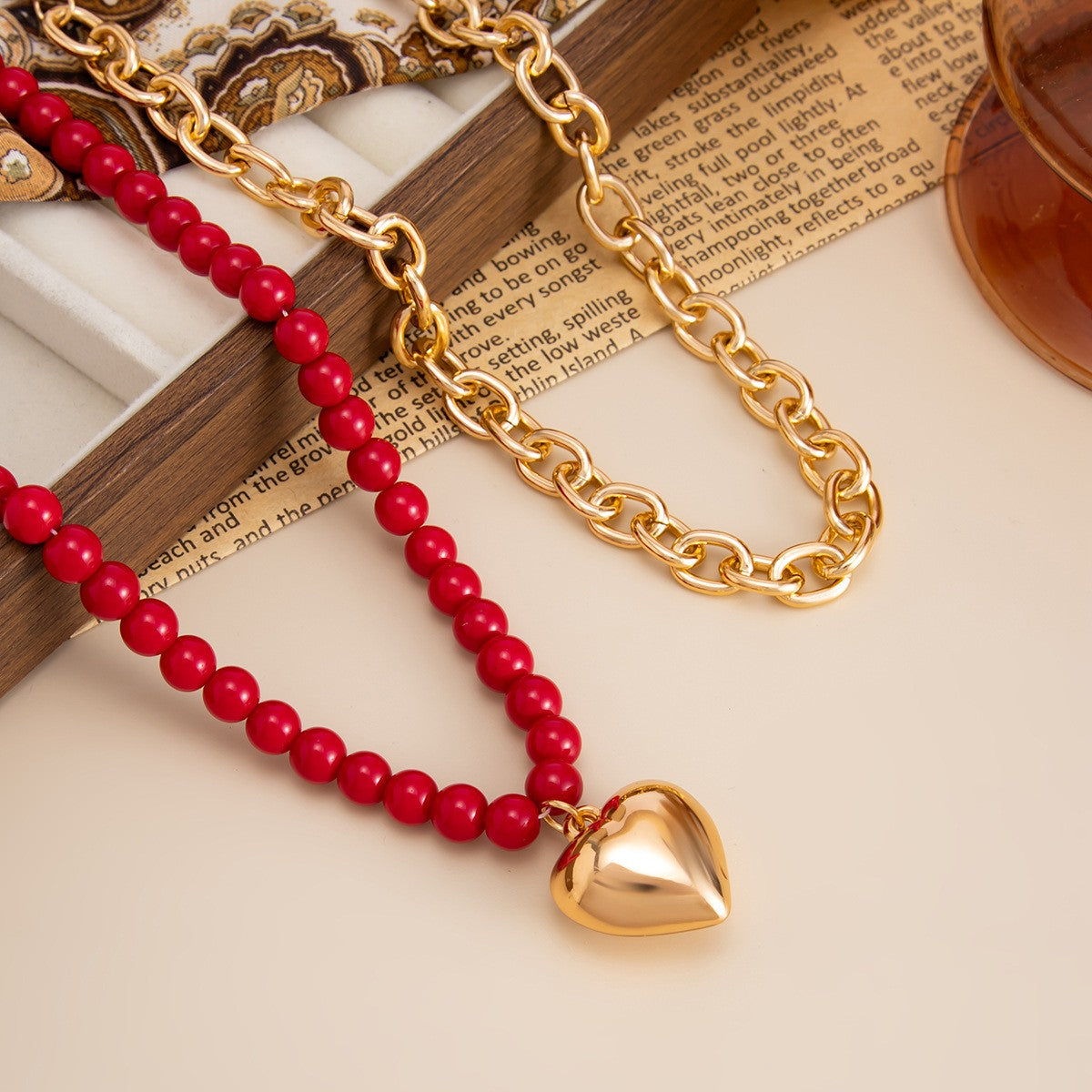 Vintage Red Beaded Layered Heart Necklace