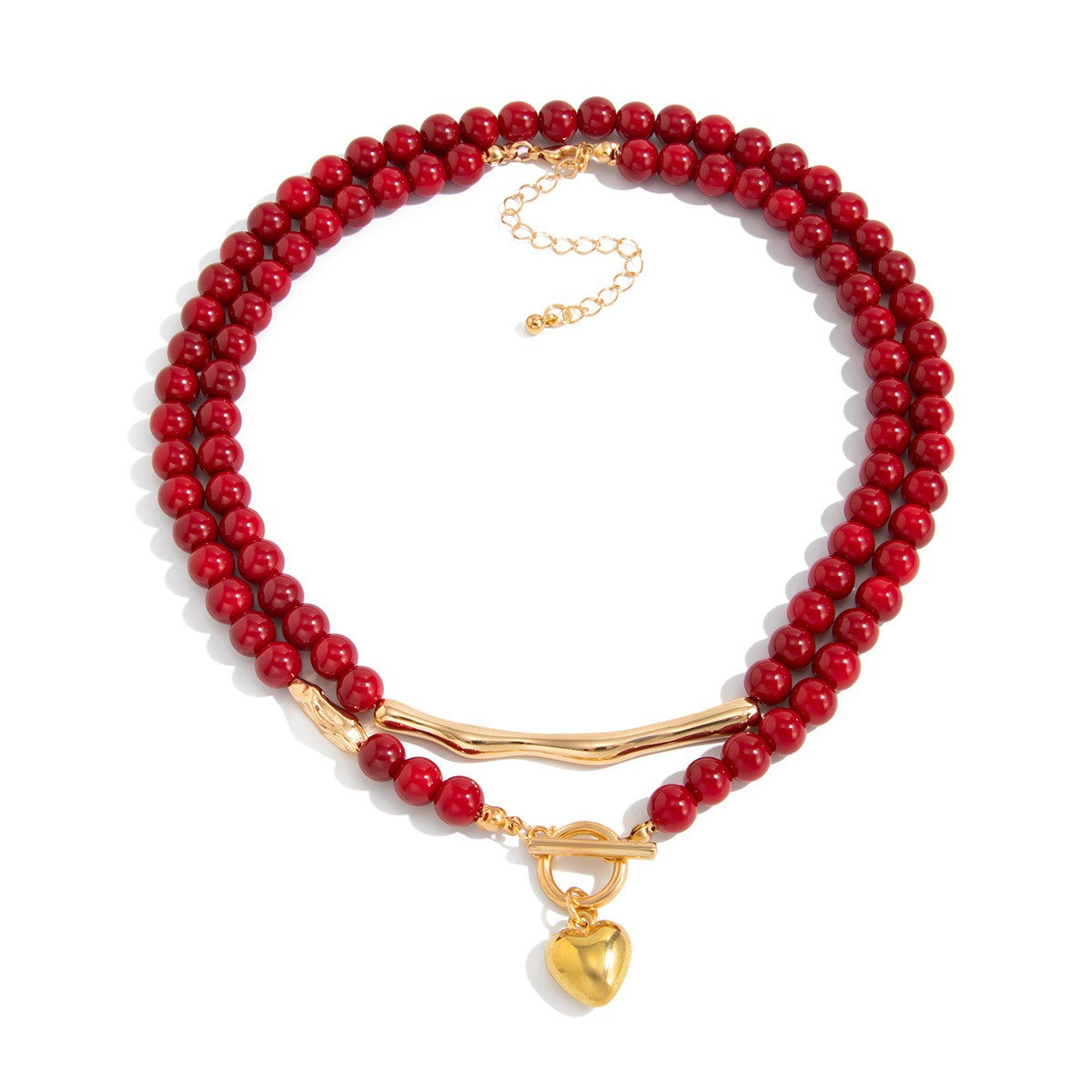 Vintage Red Beaded Layered Heart Necklace