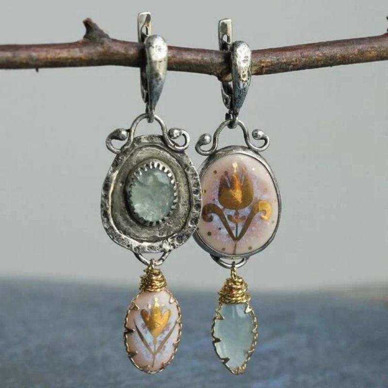 Vintage Asymmetrical Floral Enamel Dangle Earrings