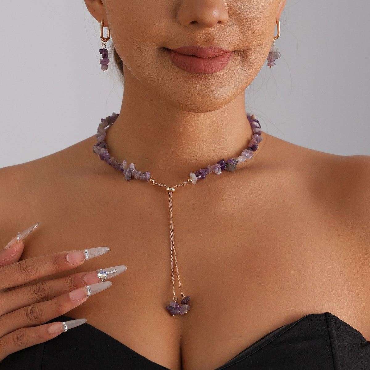 Classy Purple Stone Lariat Necklace & Earring Set