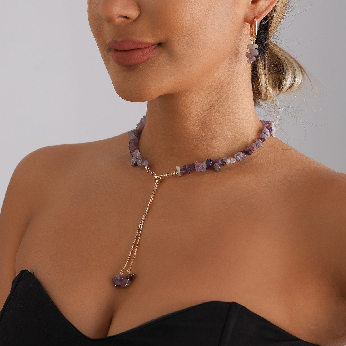 Classy Purple Stone Lariat Necklace & Earring Set