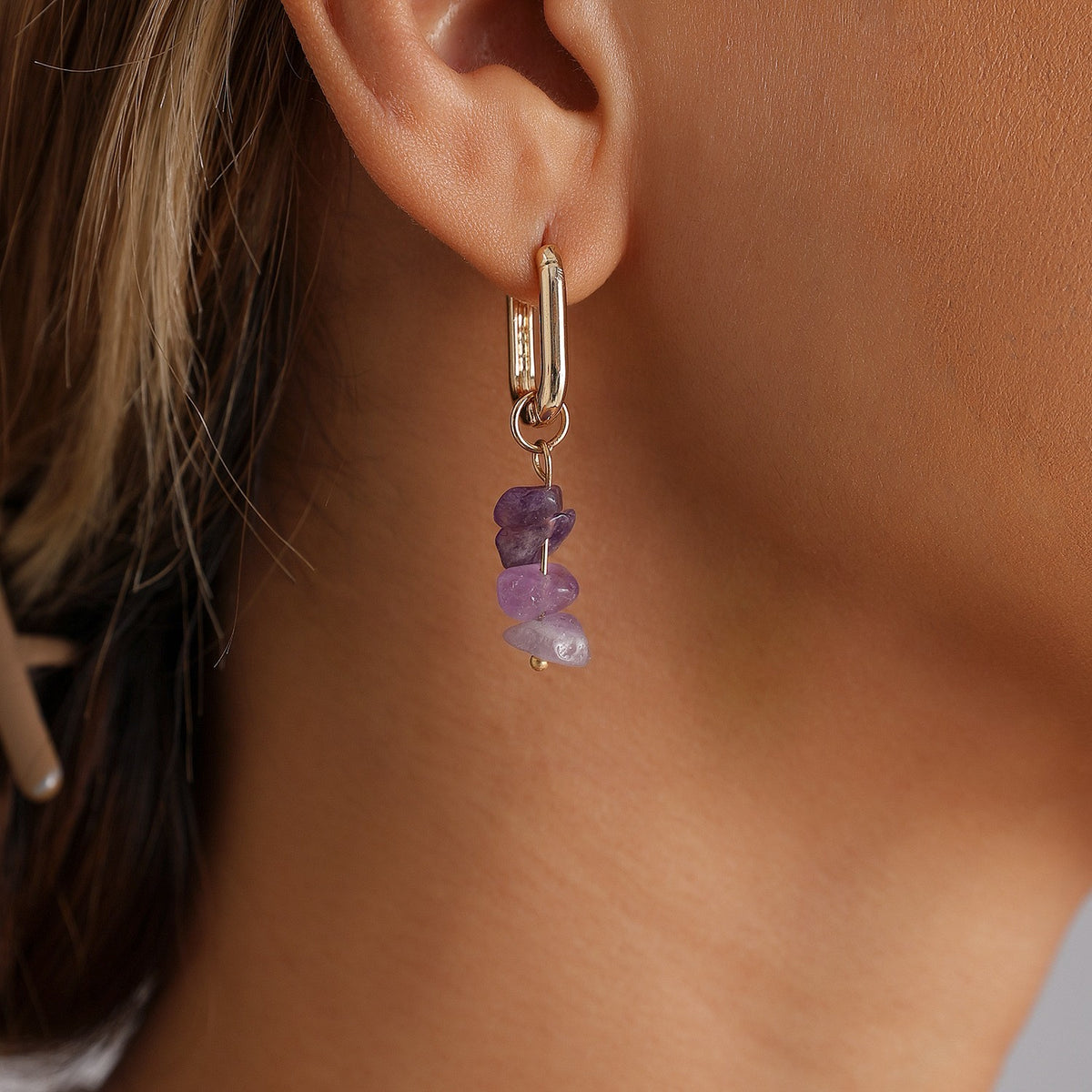 Classy Purple Stone Lariat Necklace & Earring Set