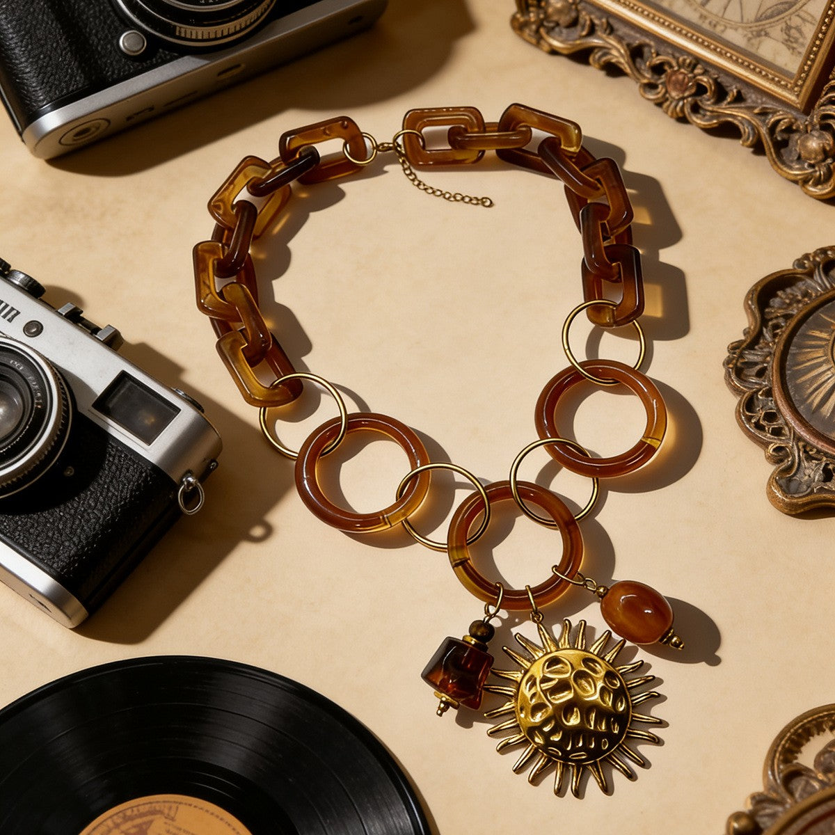 18k Boho Amber Sun Statement Necklace