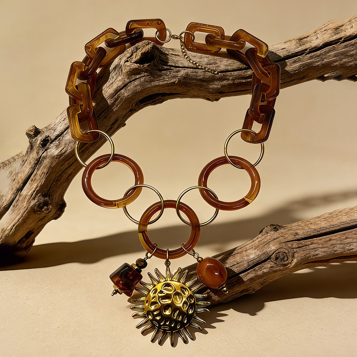 18k Boho Amber Sun Statement Necklace