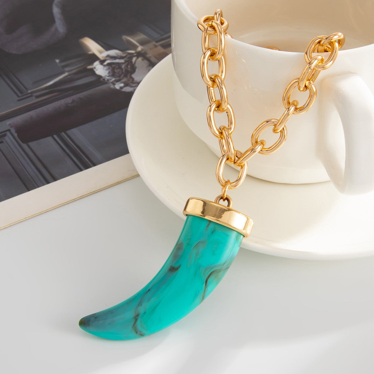 Edgy Amber Resin Horn Pendant Necklace