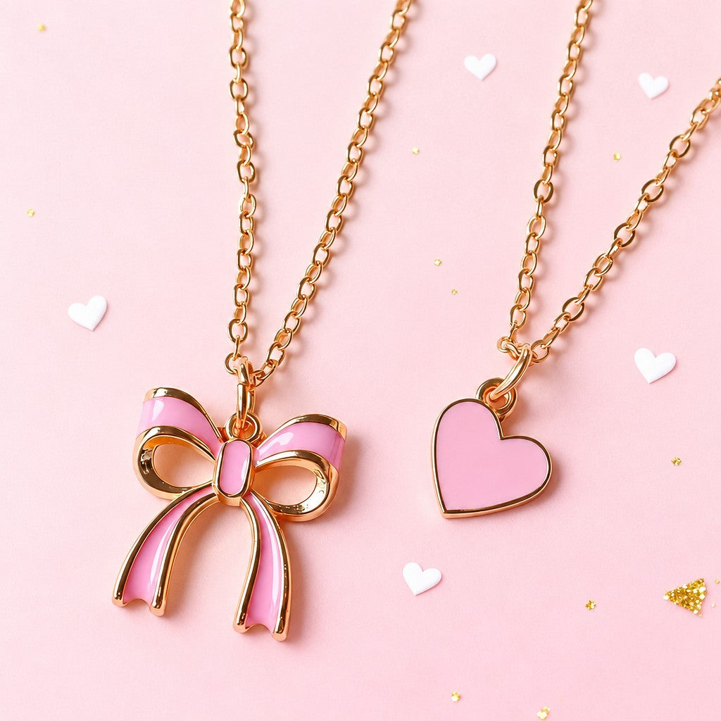 Dainty Pink Bow and Heart Layered Necklace