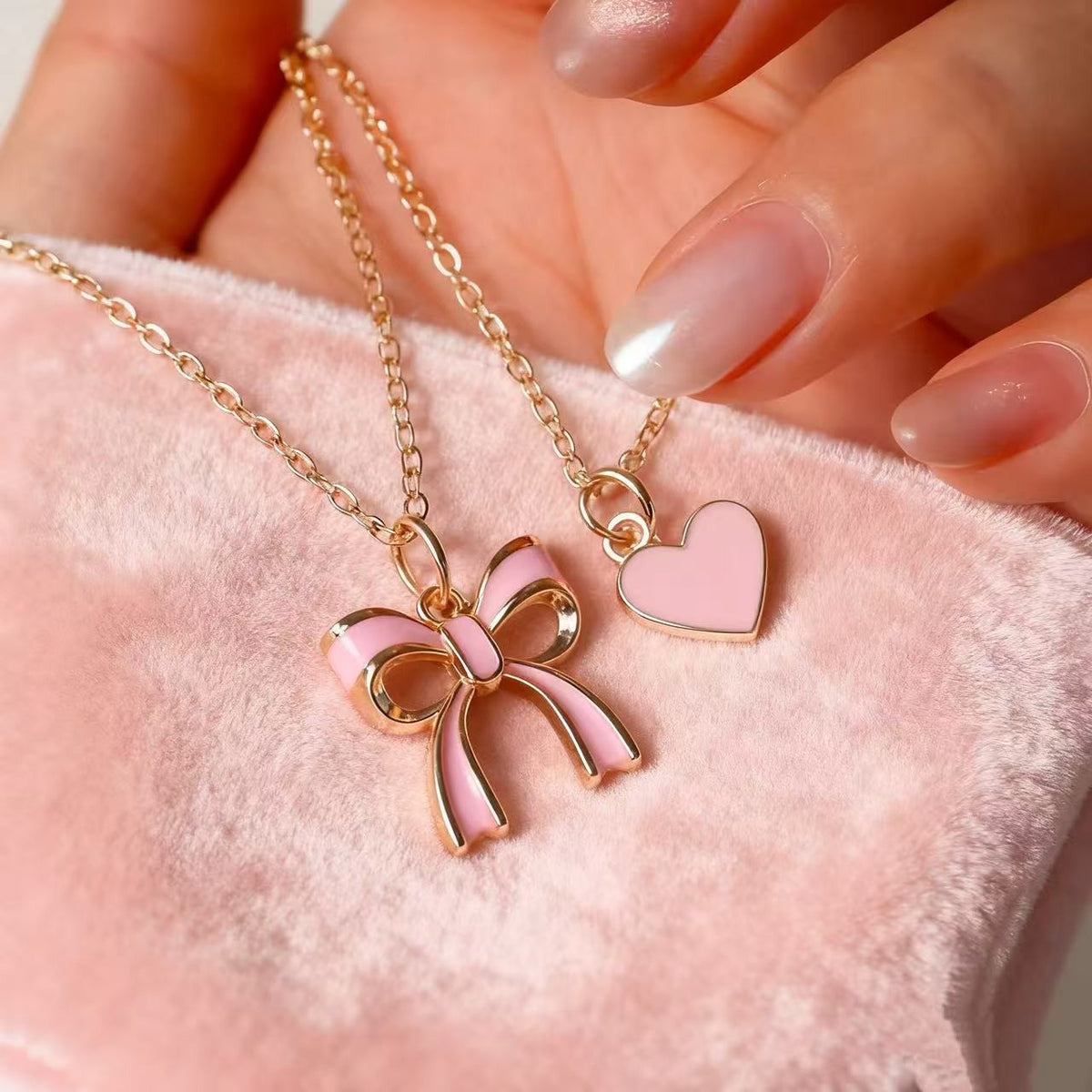 Dainty Pink Bow and Heart Layered Necklace