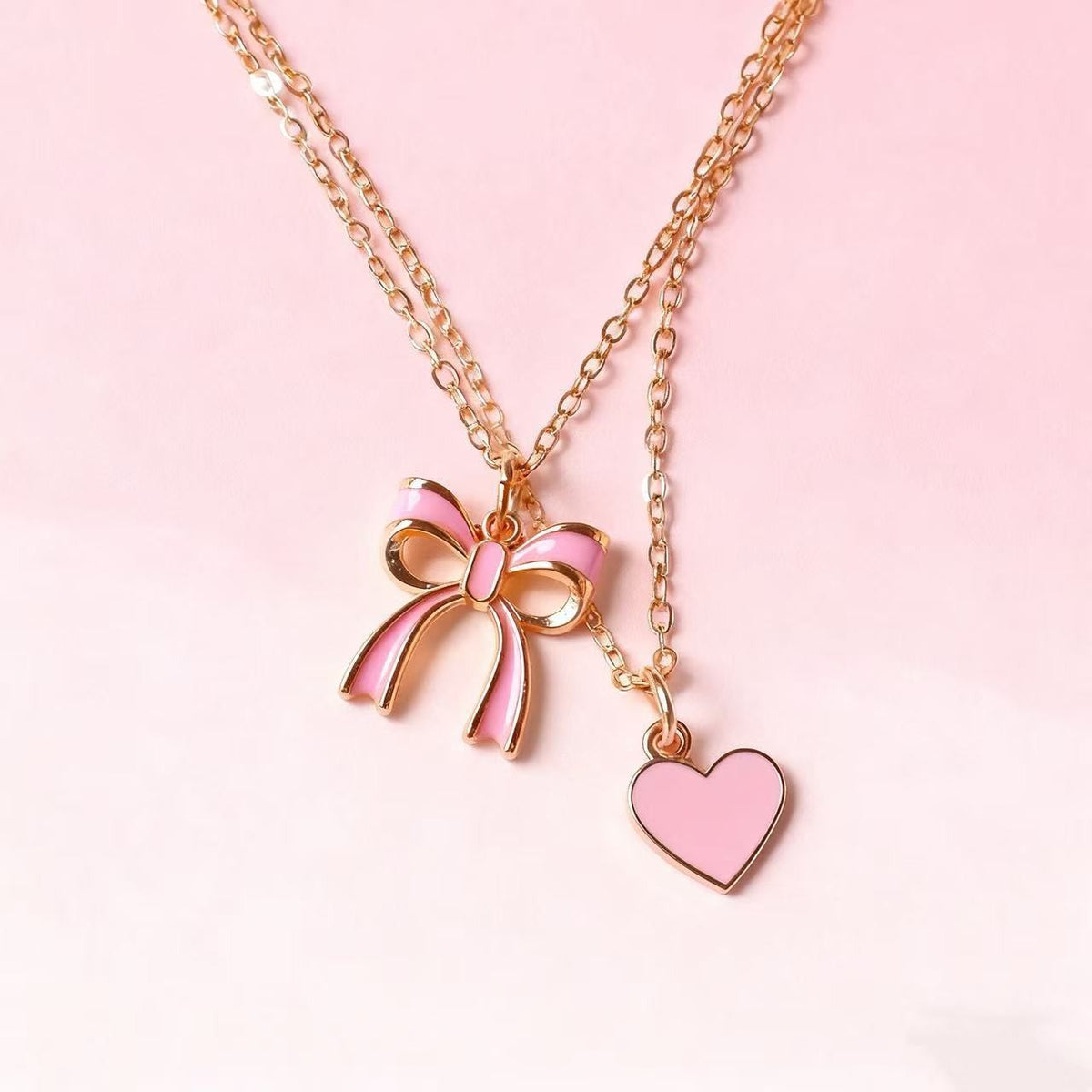 Dainty Pink Bow and Heart Layered Necklace