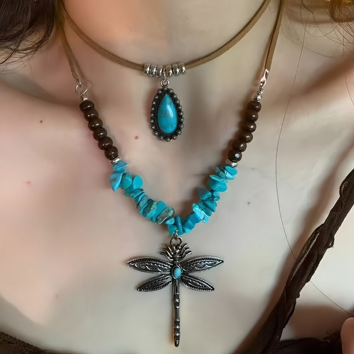 Vintage Turquoise Dragonfly Chip Necklace