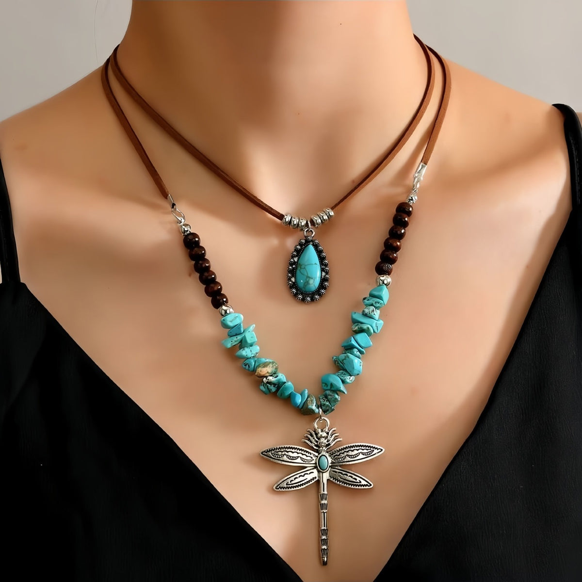 Vintage Turquoise Dragonfly Chip Necklace
