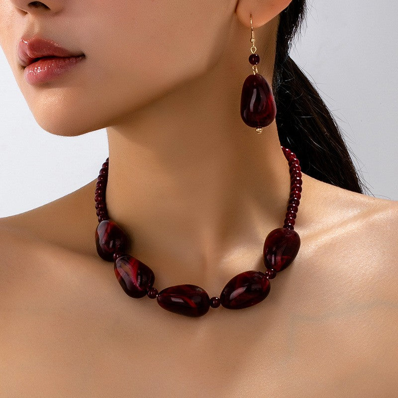 Vintage Wine Red Marble Bead Necklace & Earring Set