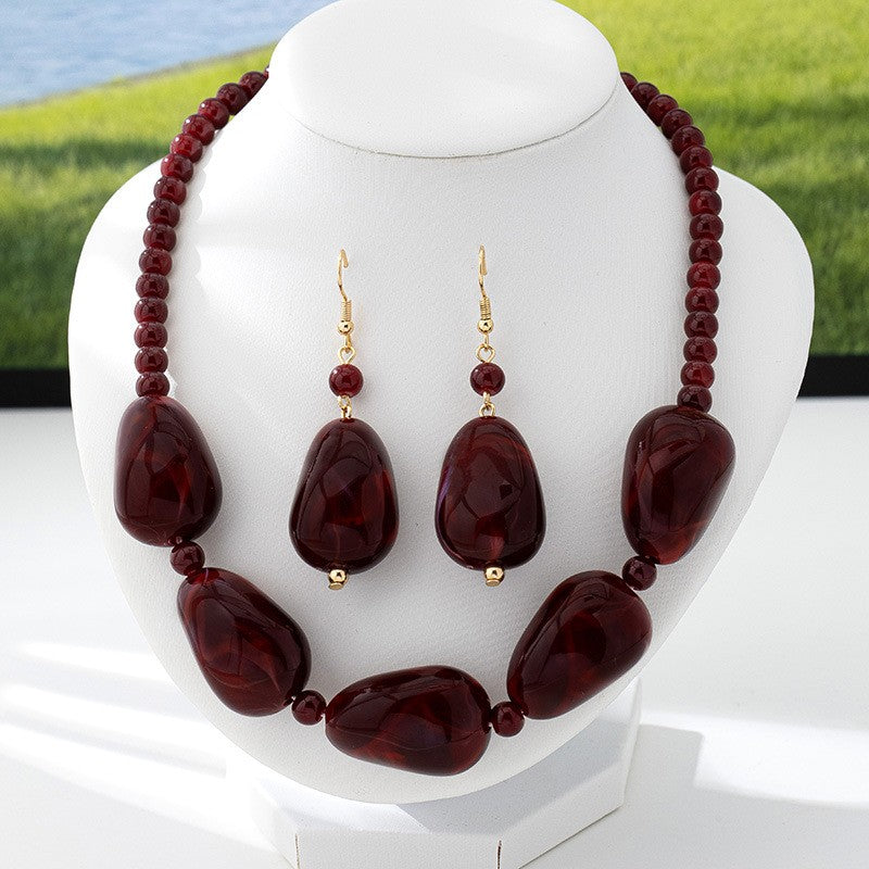 Vintage Wine Red Marble Bead Necklace & Earring Set