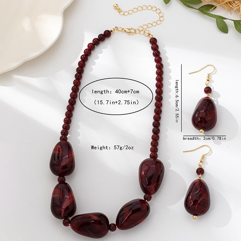 Vintage Wine Red Marble Bead Necklace & Earring Set