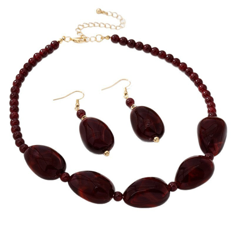 Vintage Wine Red Marble Bead Necklace & Earring Set
