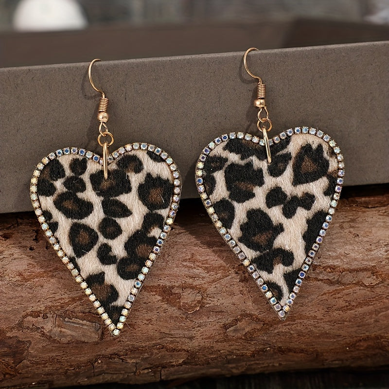 Leopard Print CZ Accented Heart Drop Earrings