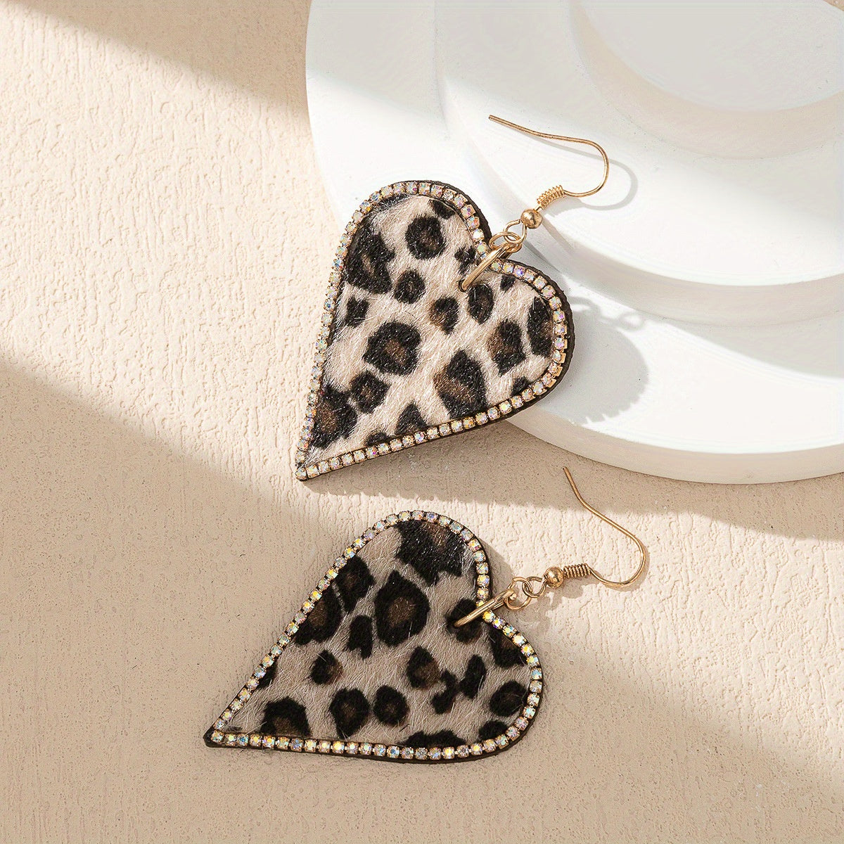Leopard Print CZ Accented Heart Drop Earrings