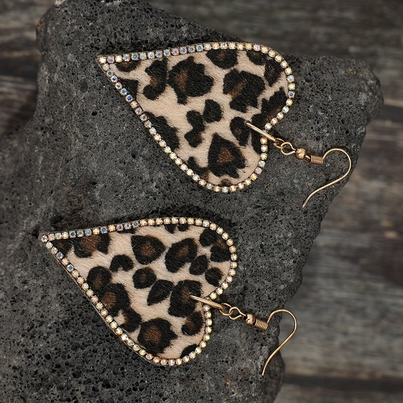 Leopard Print CZ Accented Heart Drop Earrings