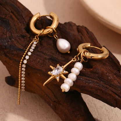 18k Asymmetrical Pearl Diamond Hoop Earrings - Veinci