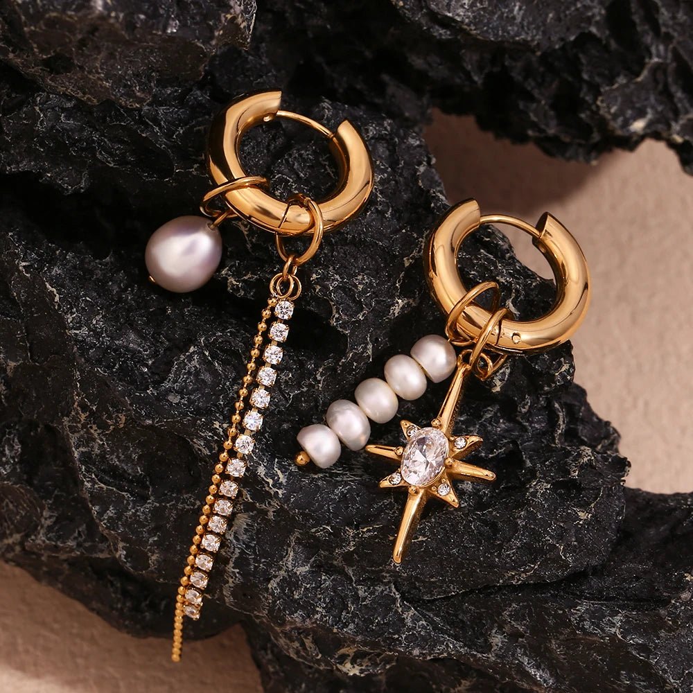 18k Asymmetrical Pearl Diamond Hoop Earrings - Veinci