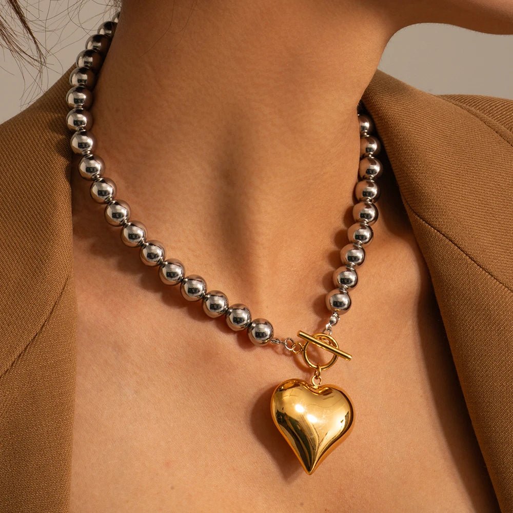 18k Chunky Silver & Gold Heart Necklace - Veinci