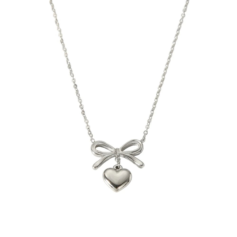 18k Dainty Bow & Heart Necklace - Veinci