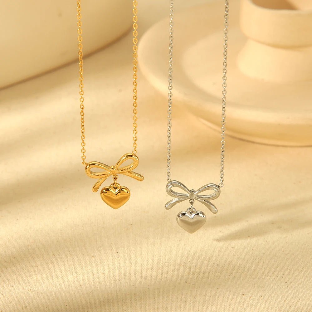 18k Dainty Bow & Heart Necklace - Veinci