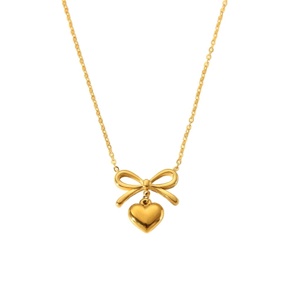 18k Dainty Bow & Heart Necklace - Veinci