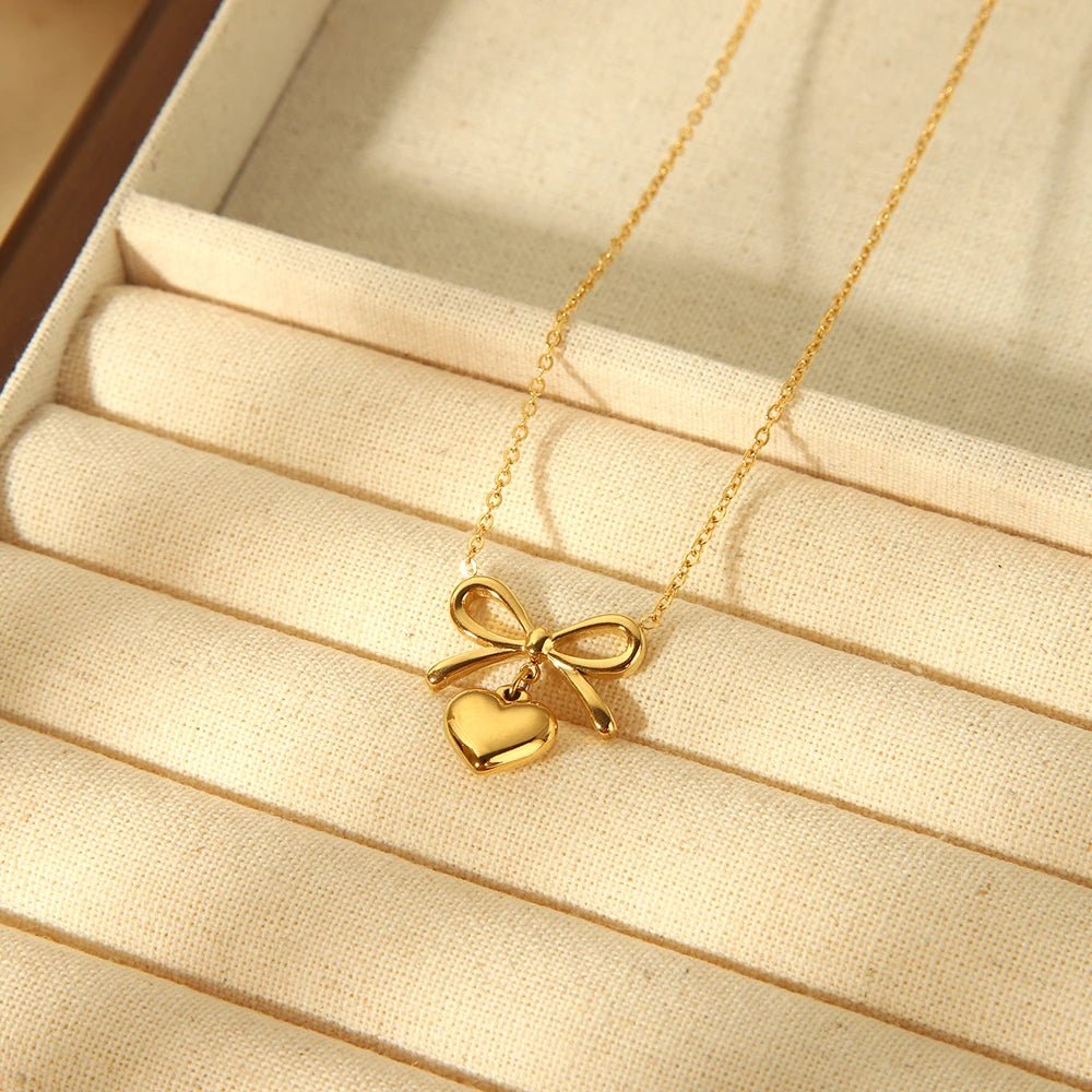 18k Dainty Bow & Heart Necklace - Veinci