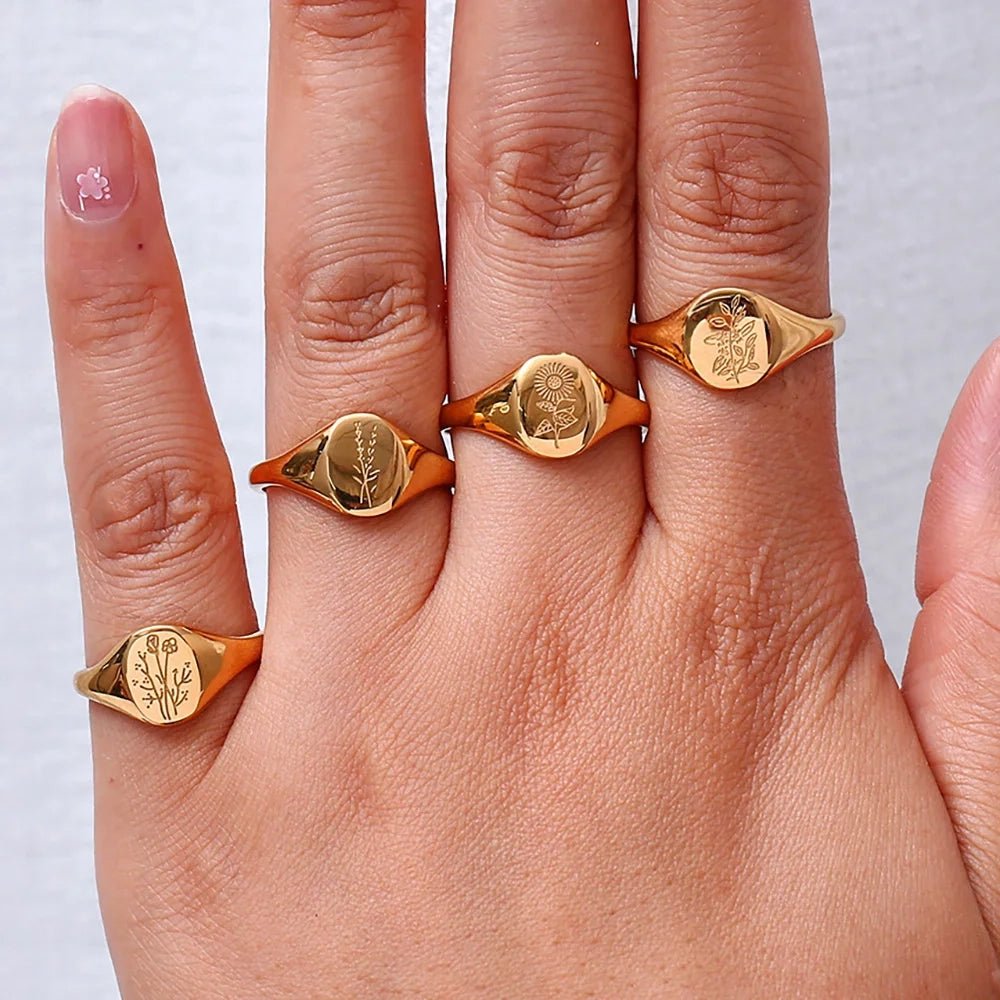 18k Dainty Floral Signet Rings - Veinci