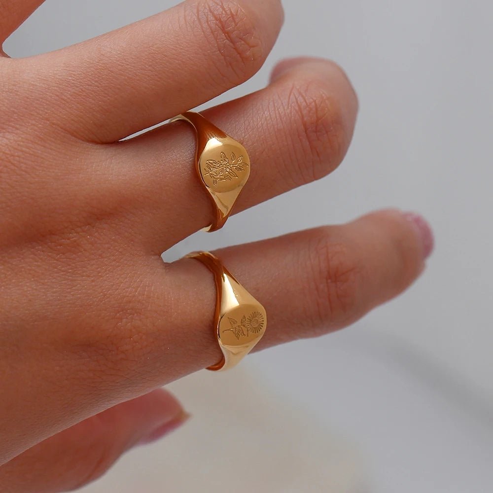 18k Dainty Floral Signet Rings - Veinci