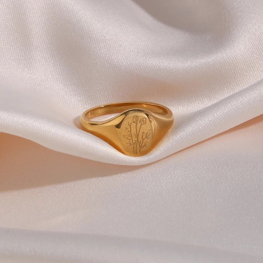 18k Dainty Floral Signet Rings - Veinci