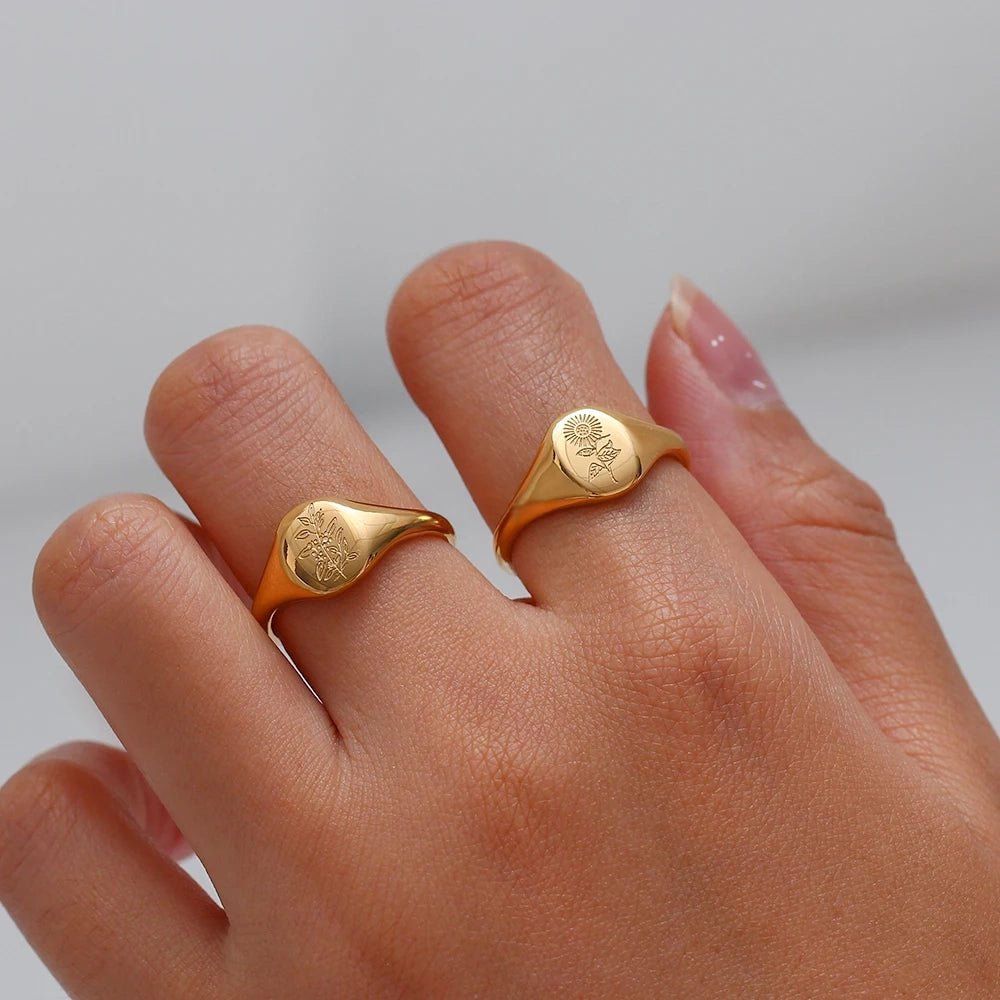 18k Dainty Floral Signet Rings - Veinci