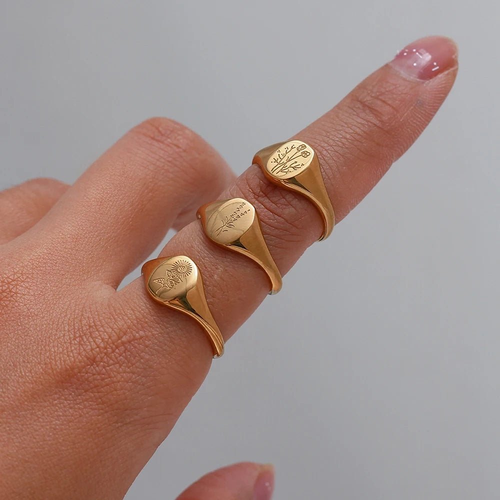 18k Dainty Floral Signet Rings - Veinci