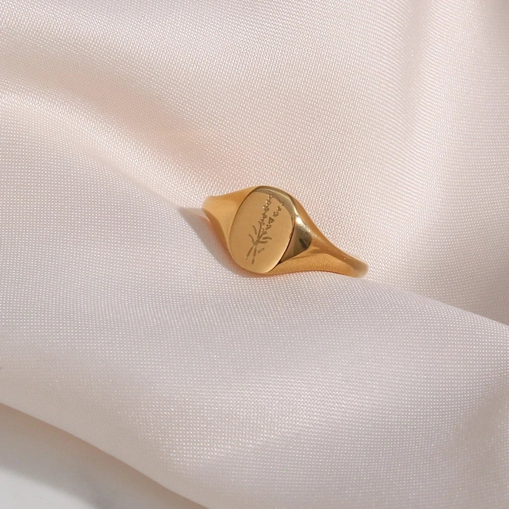 18k Dainty Floral Signet Rings - Veinci