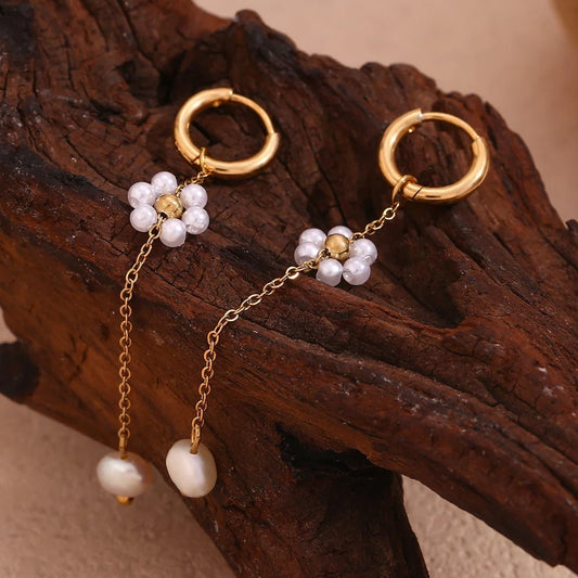 18k Dangling Floral Pearl Earrings - Veinci