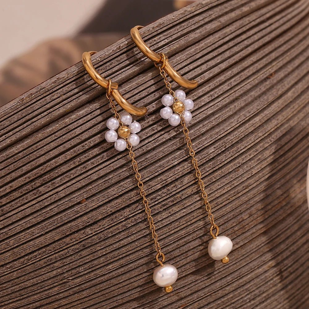 18k Dangling Floral Pearl Earrings - Veinci