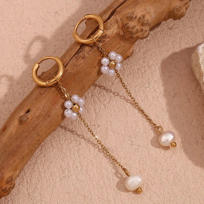 18k Dangling Floral Pearl Earrings - Veinci