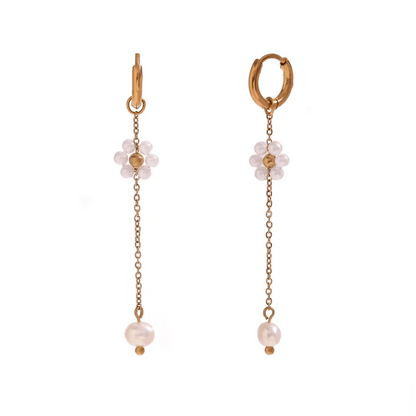 18k Dangling Floral Pearl Earrings - Veinci