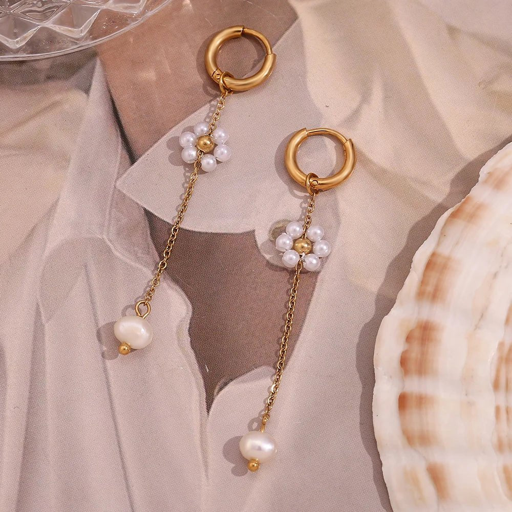 18k Dangling Floral Pearl Earrings - Veinci