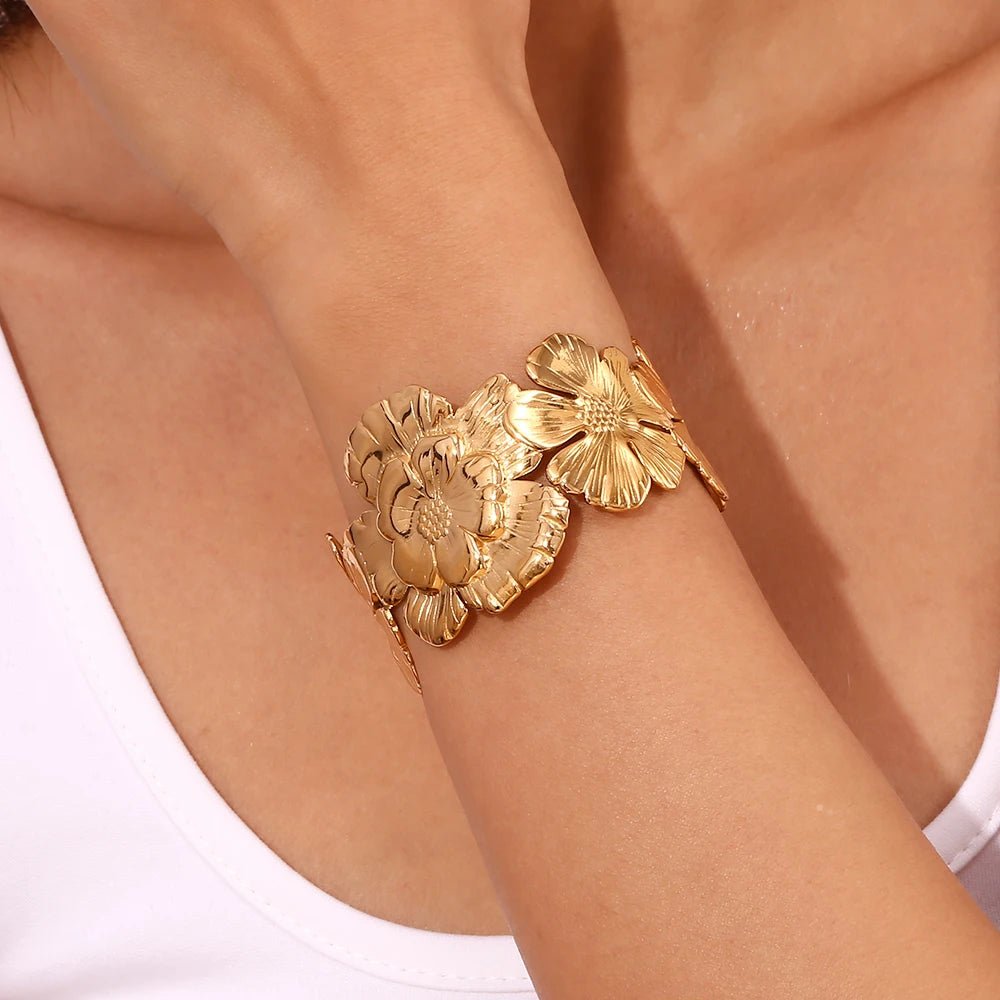 18k Floral Cuff Bangle Bracelets - Veinci