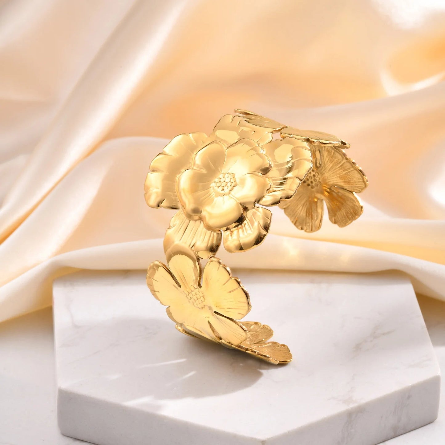 18k Floral Cuff Bangle Bracelets - Veinci