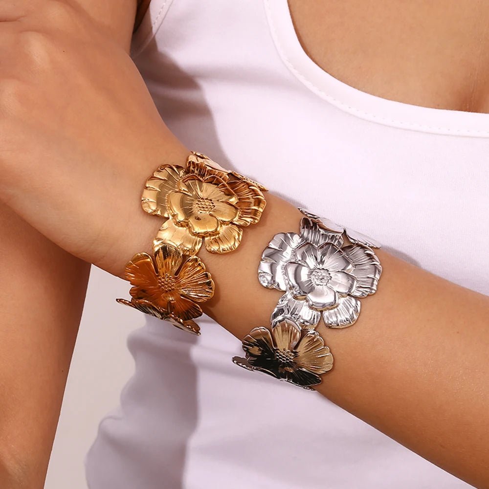 18k Floral Cuff Bangle Bracelets - Veinci