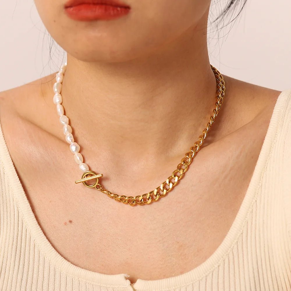 18k Gold Classic Modern Cuban Pearl Choker Necklace - Veinci